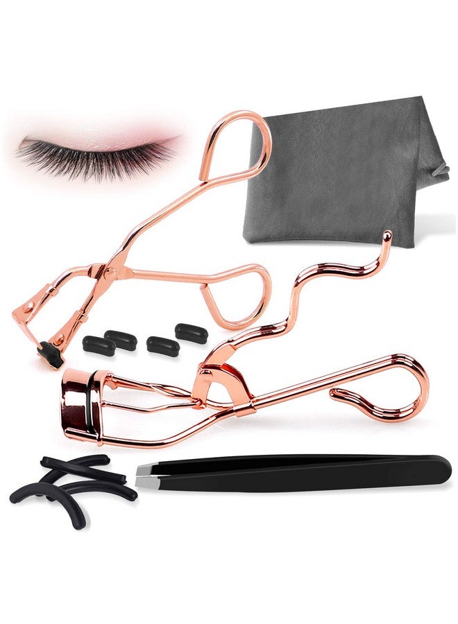 Eyelash Curler Mini Partial Eyelash Curler Eyebrow Tweezers 3 In 1 With Replacement Refill Pads And Travel Bag Rose Gold