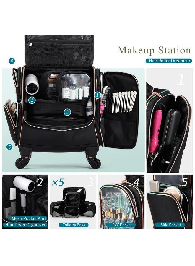 Rolling Makeup Train Case, Professional Makeup Case, Travel Cosmetic Organizer Make Up Storage Bag For Makeup Artist, Hairstylist, Barbers, With 5 Toiletry Bags, Black