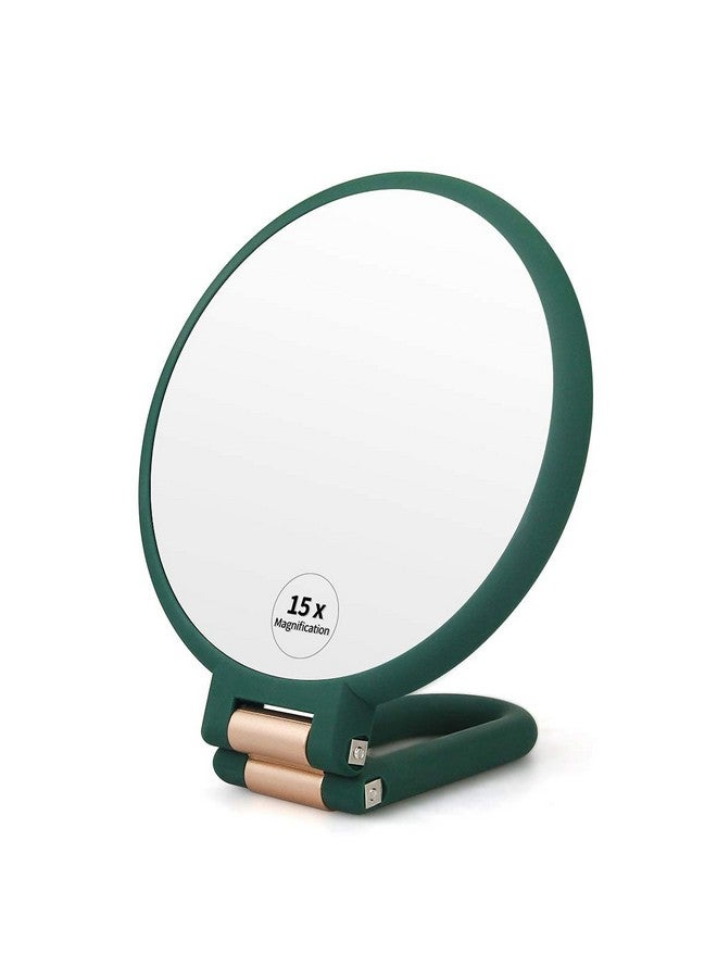 1X 15X Magnifying Hand Held Mirror,Double Side Folding Hand Mirror For Women With Adjustable Handle,Travel Table Desk Shaving Bathroom (Army Green)