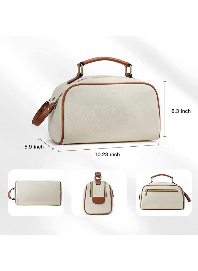 Travel Toiletry Bag Makeup Cosmetic Bags For Women Waterproof Pu Leather Toiletry Organizer Portable Large Capacity Beige With Brown