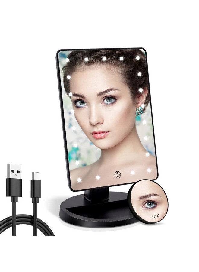 Lighted Makeup Vanity Mirror With 10X Magnifying Mirror, 21 Led Lighted Mirror With Touch Sensor Dimming, 180°Adjustable Rotation, Dual Power Supply, Portable Cosmetic Mirror (Black)