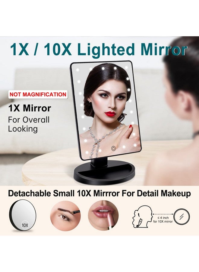 Lighted Makeup Vanity Mirror With 10X Magnifying Mirror, 21 Led Lighted Mirror With Touch Sensor Dimming, 180°Adjustable Rotation, Dual Power Supply, Portable Cosmetic Mirror (Black)