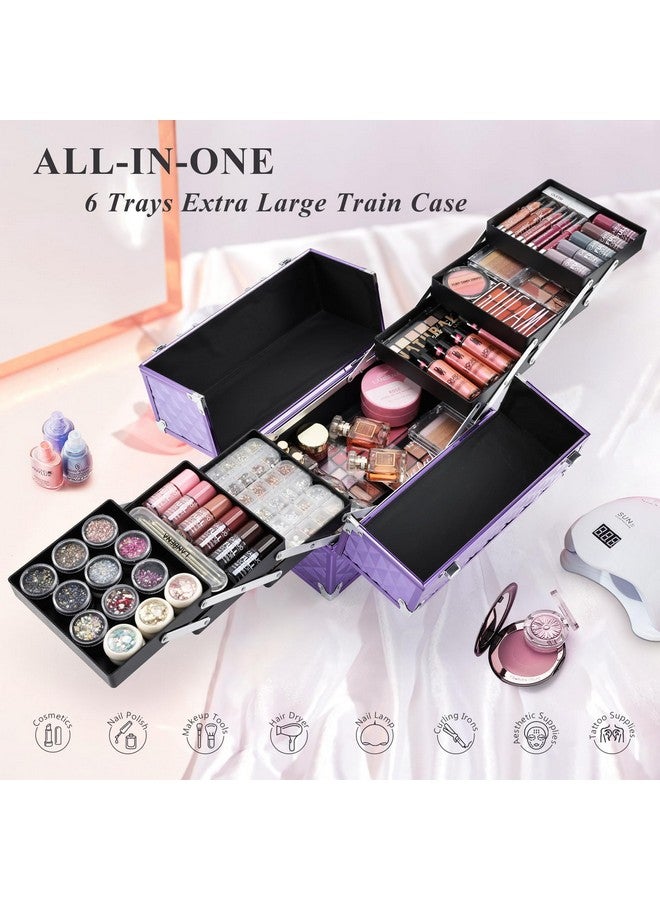 Makeup Train Case 12 Inch Portable Cosmetic Case 6 Tier Professional Makeup Storage Box Organiser Box Make Up Carrier With Lockable Keys Travel Case For Women And Girls Purple