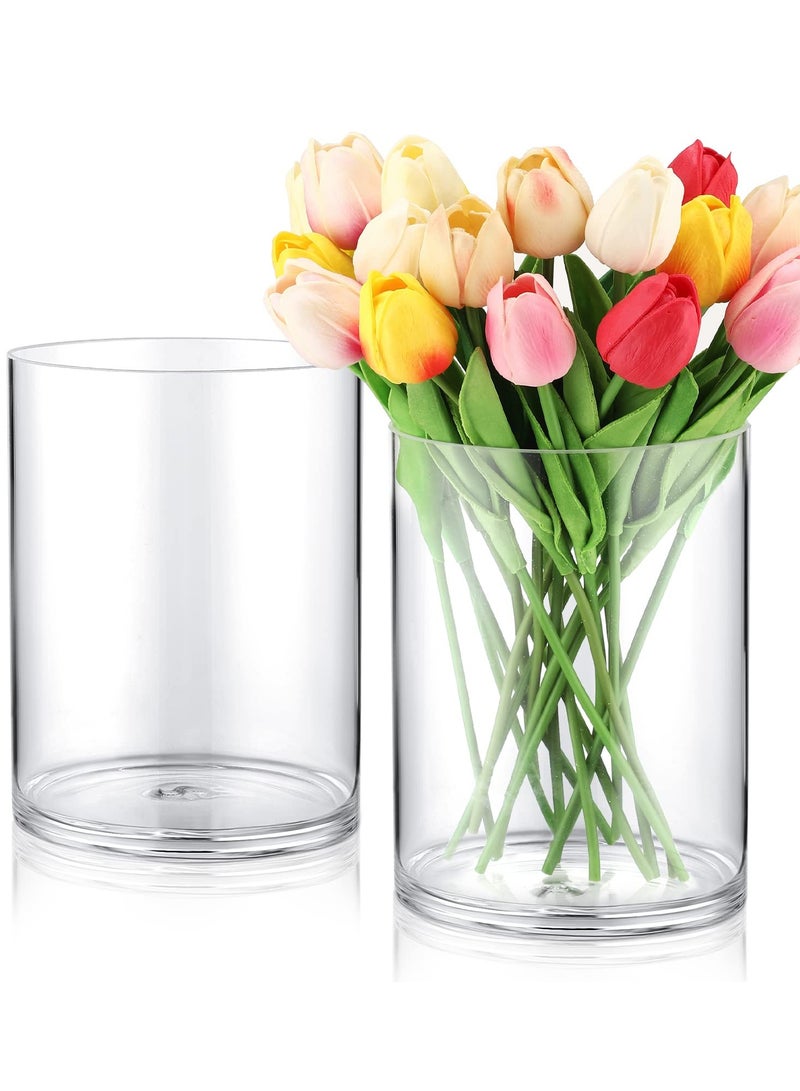 Elegant Set of 2 Tall Flower Glass Vases, 8 Inches High with 6 Inch Wide Opening, Perfect for Home Decor and Wedding Centerpieces