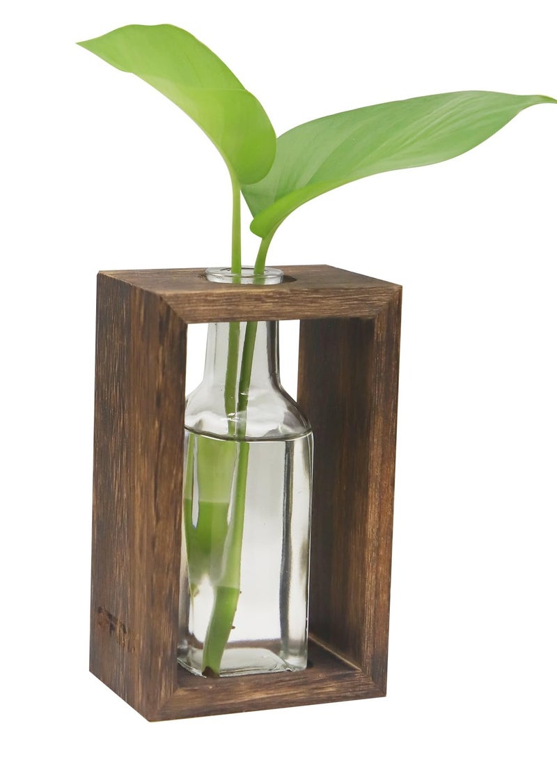 Wooden Plant Terrarium with Glass Vase for Hydroponic Plants, Perfect Desktop Holder for Home and Office Decoration, Ideal Gift for Plant Lovers