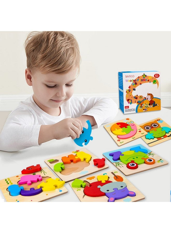 Wooden Animal Puzzles For 1 2 3 Years Old Boys Girls, Toddler Educational Developmental Toys Gift With 6 Animals Baby Montessori Color Shapes Learning Puzzles