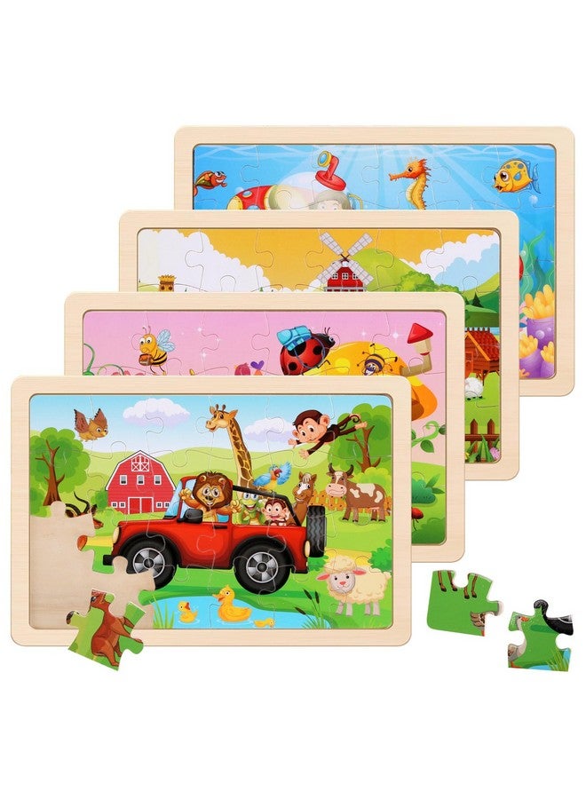 Wooden Puzzles Toys For Kids Ages 3 5, Set Of 4 Packs With 20 Piece Farm, Animals Theme Wood Jigsaw Puzzles, Preschool Educational Brain Teaser Toys For Boys And Girls 3 6 Years Old.