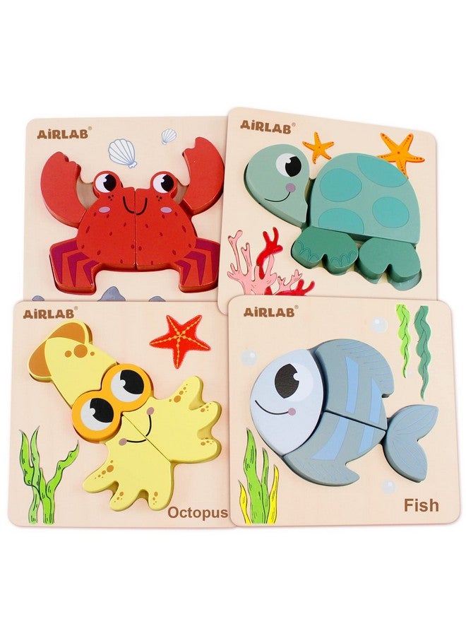 Wooden Puzzles For Toddlers Ocean Animals Montessori Toys Year Old Baby Girl Boy Gifts Educational Learning Bright Color Chunky Shape Puzzle Pack Of 4