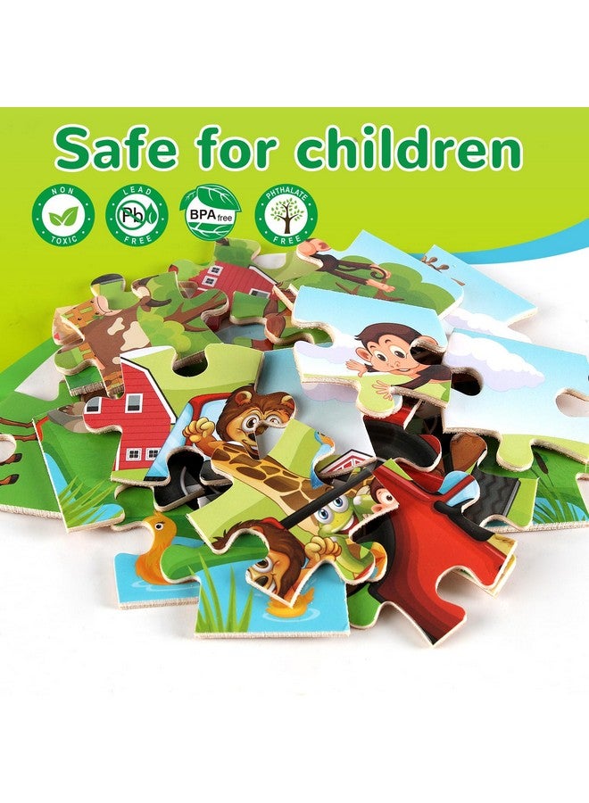 Wooden Puzzles Toys For Kids Ages 3-5, Set Of 4 Packs With 20-Piece Farm, Animals Theme Wood Jigsaw Puzzles, Preschool Educational Brain Teaser Toys For Boys And Girls 3-6 Years Old.