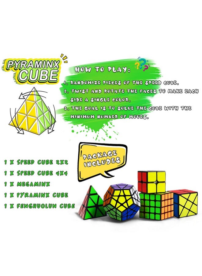 Speed Cube Set Puzzle Cube Magic Cube 2X2 4X4 Pyraminx Pyramid Megaminx Fenghuolun Puzzle Cube Toy Gift For Children Adults Pack Of 5