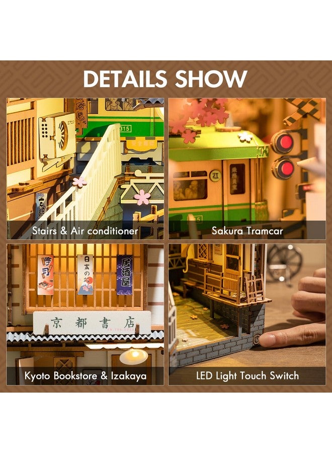 Book Nook Kit, Bookshelf Insert Decor Alley 3D Wooden Puzzle, Diy Bookend Building Set Model Kit With Led Light Sakura Tram