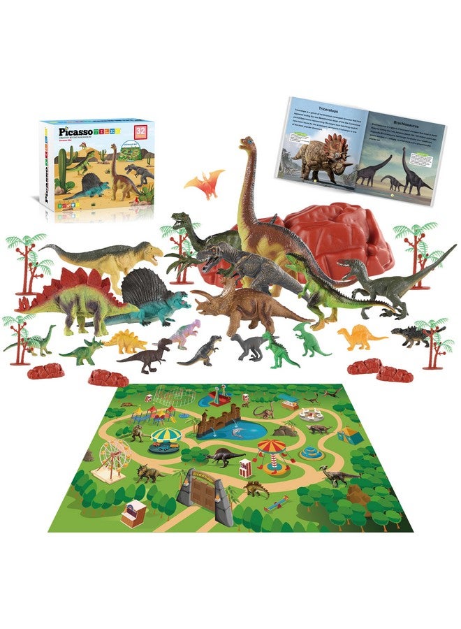 Dinosaur Play Mat Toys 32Pc Dino Playset Stem Activity Learning Kit Steam Toy With Educational Book, 21 Action Figures T-Rex, Triceratops, Velociraptor, Trees, Rocks For Kids 3+ Ptd11