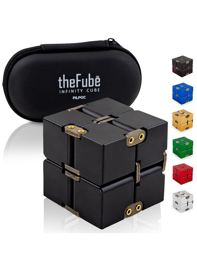 Thefube Infinity Cube Fidget Toy Quality Aluminum Infinity Fidgeting Cube For Adults With Case, Sturdy, Heavy (Black)