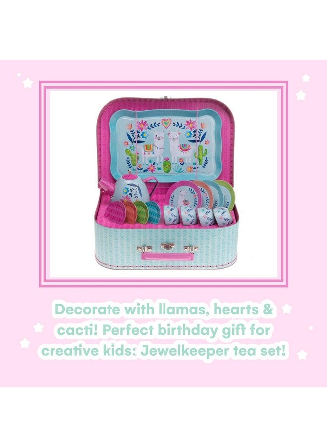 Toddler Toys Tea Set For Little Girls 15 Pcs Tin Tea Set For Kids Tea Time Includes Teapot, 4 Tea Cup And Saucers Set & 4 Snack Plates , Llama Tea Party Set With Carrying Case