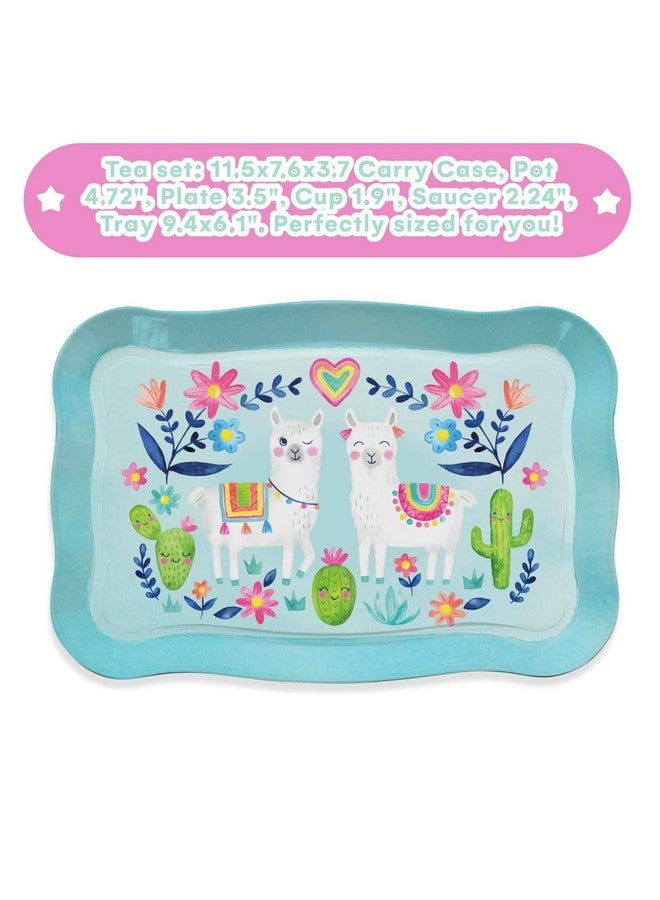 Toddler Toys Tea Set For Little Girls 15 Pcs Tin Tea Set For Kids Tea Time Includes Teapot, 4 Tea Cup And Saucers Set & 4 Snack Plates , Llama Tea Party Set With Carrying Case