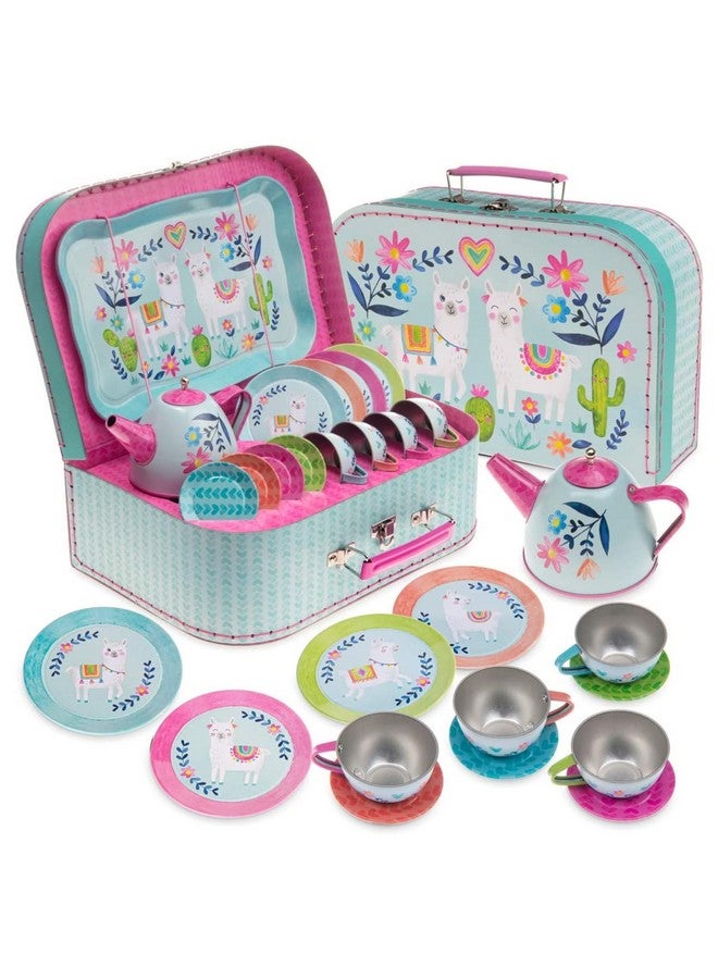 Toddler Toys Tea Set For Little Girls 15 Pcs Tin Tea Set For Kids Tea Time Includes Teapot, 4 Tea Cup And Saucers Set & 4 Snack Plates , Llama Tea Party Set With Carrying Case