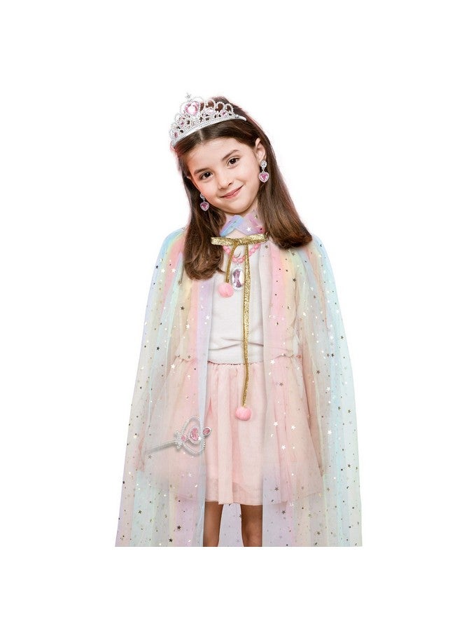 Princess Cape Set 7 Pieces Girls Princess Cloak With Tiara Crown, Wand For Little Girls Dress Up (Rainbow)