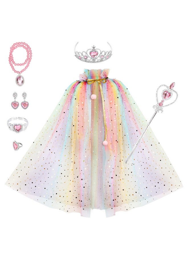 Princess Cape Set 7 Pieces Girls Princess Cloak With Tiara Crown, Wand For Little Girls Dress Up (Rainbow)