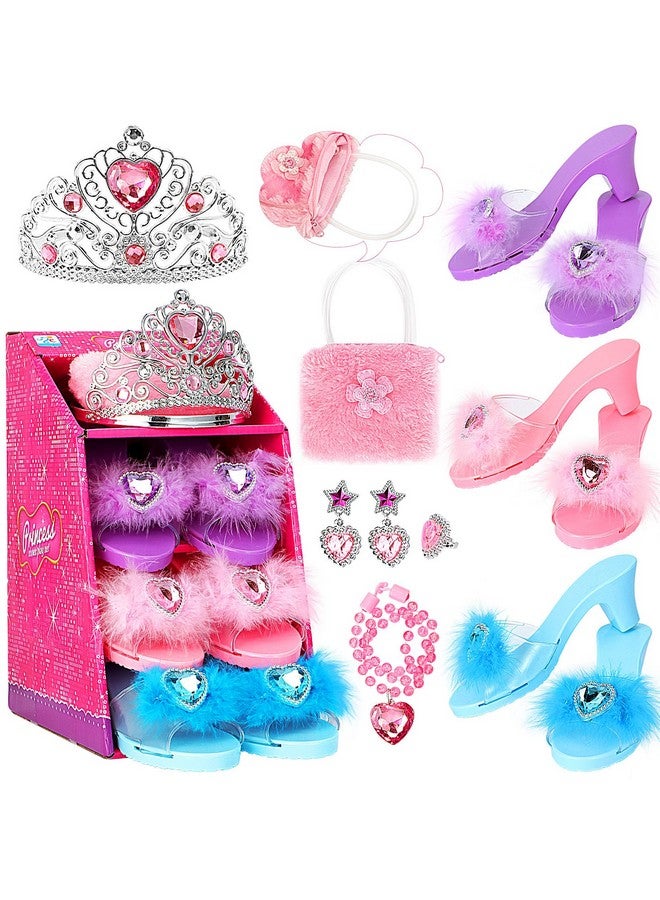 Princess Toddler Dress Up Shoes Pretend Play Jewelry Toys Set 3 Pairs Of Shoes With Tiara Earrings Necklaces Ring Role Play Shoes Set For Little Girls Aged 3 6 Years Old