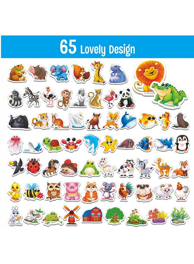 65 Pcs Animal Magnets, Adorable Magnetic Animal With Name Fridge Magnets Wild Animal, Farm Animal & Marine Animal Thickened Cardstock Refrigerator Magnets Cute Educational Learning Toys For Kids 3+