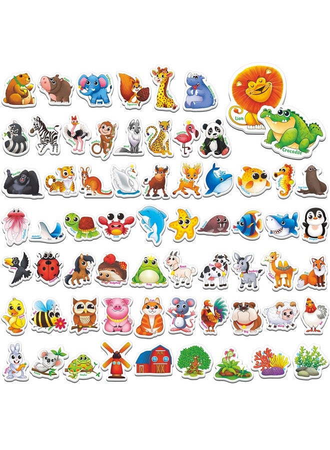 65 Pcs Animal Magnets, Adorable Magnetic Animal With Name Fridge Magnets Wild Animal, Farm Animal & Marine Animal Thickened Cardstock Refrigerator Magnets Cute Educational Learning Toys For Kids 3+