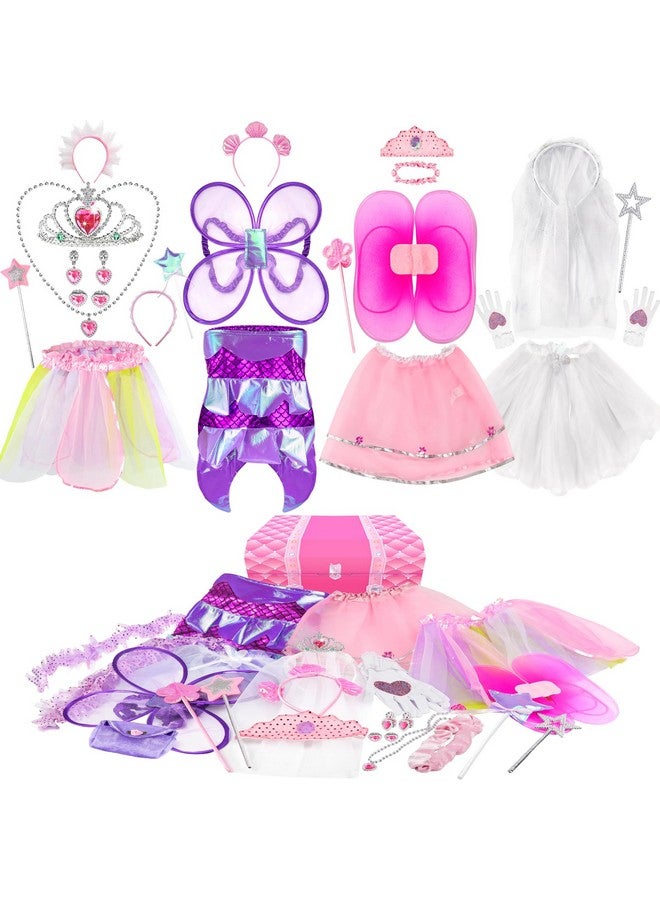 Girls Dress Up Costume Set, Fairy And Mermaid Role Play Dress Up Trunk With Accessories 25Pcs Little Girls Pretend Play Costume For Kids Age From 2 5