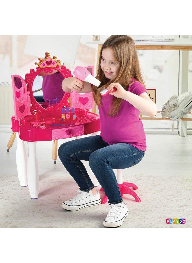 Pretend Play Girls Vanity Set With Mirror And Stool 21 Pcs Kids Makeup Vanity Table Set With Lights And Sounds Includes Fashion Hair & Makeup Accessories