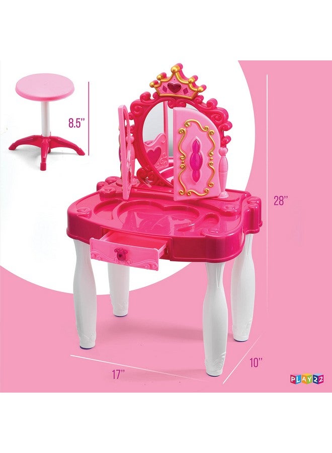 Pretend Play Girls Vanity Set With Mirror And Stool 21 Pcs Kids Makeup Vanity Table Set With Lights And Sounds Includes Fashion Hair & Makeup Accessories