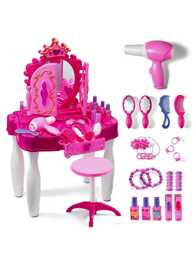 Pretend Play Girls Vanity Set With Mirror And Stool 21 Pcs Kids Makeup Vanity Table Set With Lights And Sounds Includes Fashion Hair & Makeup Accessories