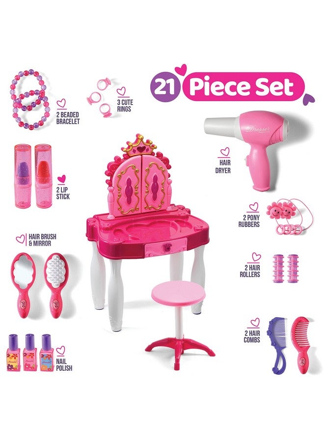 Pretend Play Girls Vanity Set With Mirror And Stool 21 Pcs Kids Makeup Vanity Table Set With Lights And Sounds Includes Fashion Hair & Makeup Accessories