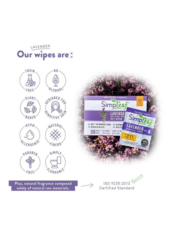 Flushable Lavender Single Pack Wet Wipes | Eco Friendly Paraben & Alcohol Free | Hypoallergenic & Safe For Sensitive Skin | Soothing Aloe Vera Formula | (30 Single Pack Wipes)