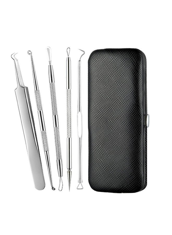 Stainless Steel Anti-Slid Handle Blackhead Remover Tools Kit With Case, Pack Of 5 (Silver)