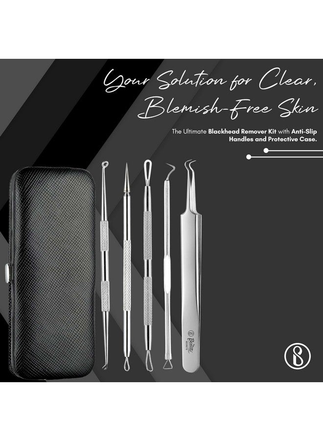 Stainless Steel Anti-Slid Handle Blackhead Remover Tools Kit With Case, Pack Of 5 (Silver)