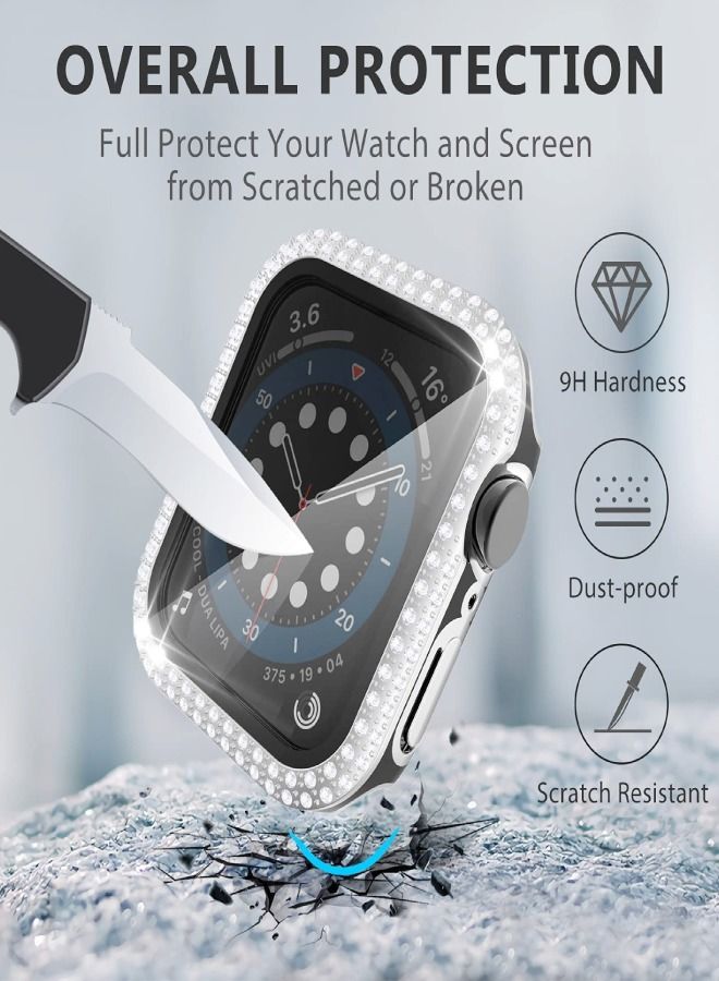 Smartwatch Luxury Anti Shock Screen Protector Cover Case Sensitive Touch Tempered Glass Full Screen Protector With Two Tone Color Double Row Glitter Crystal Diamonds Apple Watch SE 44mm Silver / Black