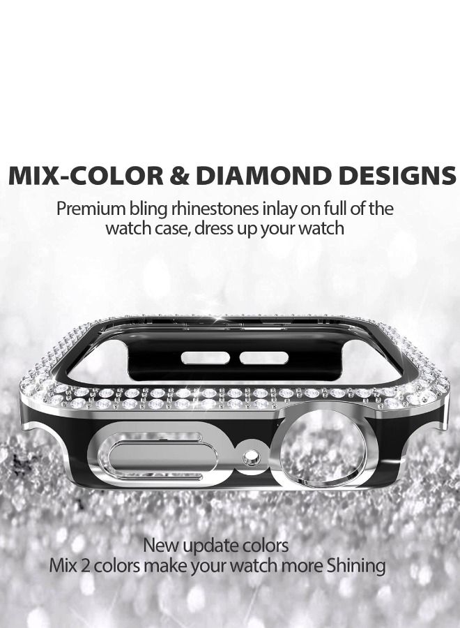 Smartwatch Luxury Anti Shock Screen Protector Cover Case Sensitive Touch Tempered Glass Full Screen Protector With Two Tone Color Double Row Glitter Crystal Diamonds Apple Watch SE 44mm Silver / Black