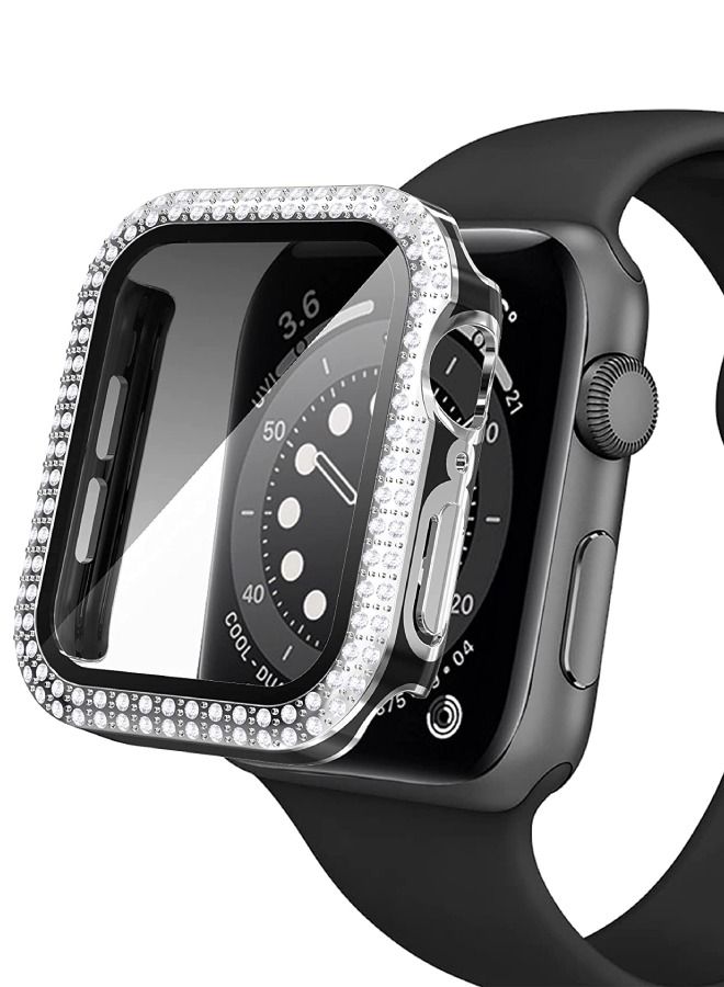 Smartwatch Luxury Anti Shock Screen Protector Cover Case Sensitive Touch Tempered Glass Full Screen Protector With Two Tone Color Double Row Glitter Crystal Diamonds Apple Watch SE 44mm Silver / Black