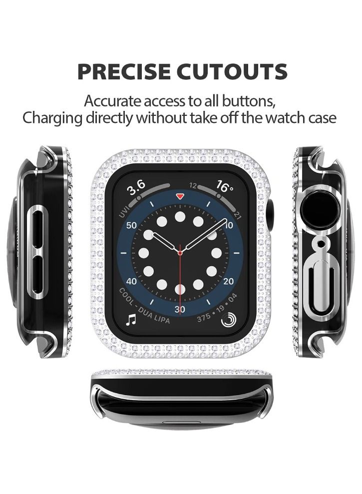 Smartwatch Luxury Anti Shock Screen Protector Cover Case Sensitive Touch Tempered Glass Full Screen Protector With Two Tone Color Double Row Glitter Crystal Diamonds Apple Watch SE 44mm Silver / Black