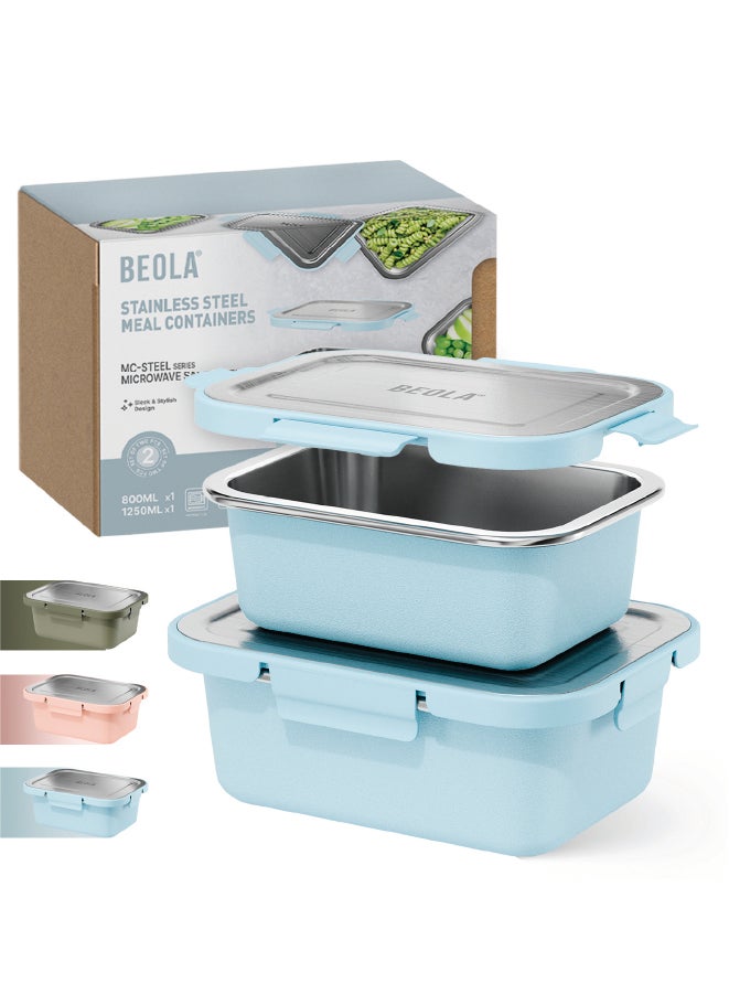 BEOLA Microwave Safe Stainless Steel Lunch Box, Set of 2pcs, MC-Steel™ 18/8 Premium BPA free Materials, Food Storage Container, Dishwasher Safe Meal Prep, Food Kitchen Box, 800/1250ml(Ice Blue)