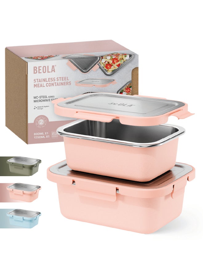 BEOLA Microwave Safe Stainless Steel Lunch Box, Set of 2pcs, MC-Steel™ 18/8 Premium BPA free Materials, Food Storage Container, Dishwasher Safe Meal Prep, Food Kitchen Box, 800/1250ml(Blush Pink)