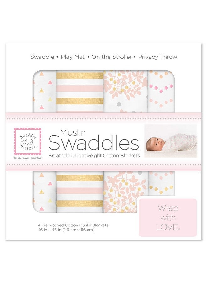 Cotton Muslin Swaddle Blankets Set Of 4 Receiving Blankets For Baby Boys & Girls Best Shower Gift 46X46 Inches Pink Floral & Stripes