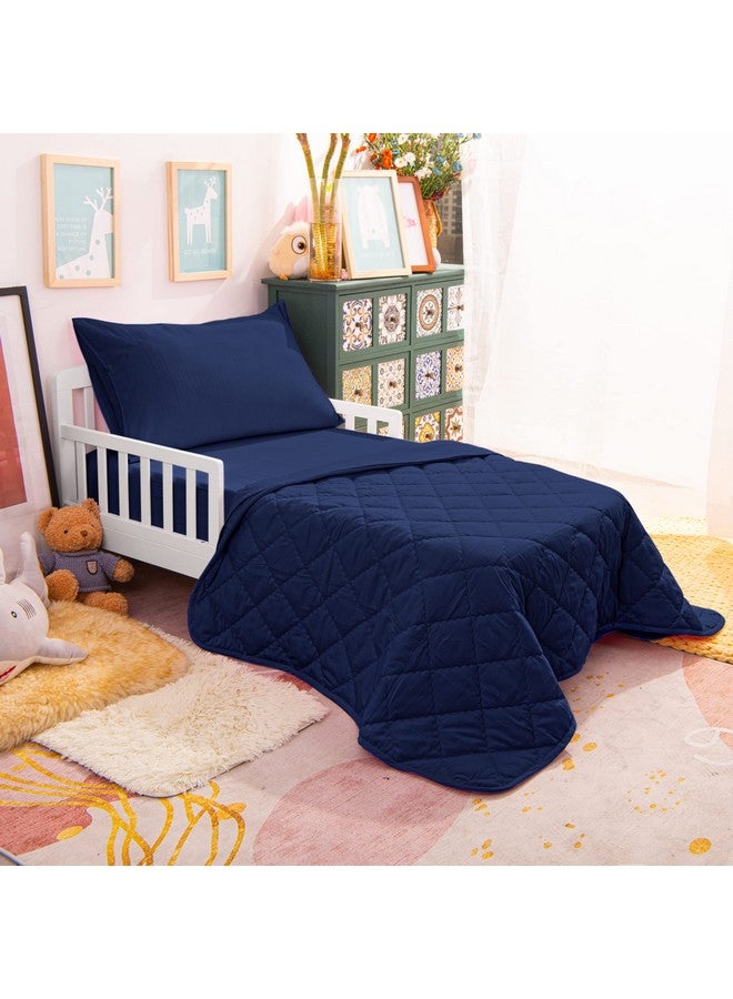 Toddler Bedding Set 4 Piece Soft And Breathable Crib Bedding Set For Boys And Girls Includes Quilted Comforter Fitted Sheet Flat Top Sheet And Envelope Pillowcase Navy Blue