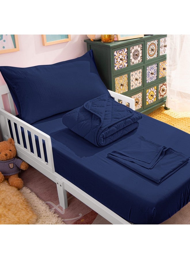 Toddler Bedding Set 4 Piece Soft And Breathable Crib Bedding Set For Boys And Girls Includes Quilted Comforter Fitted Sheet Flat Top Sheet And Envelope Pillowcase Navy Blue