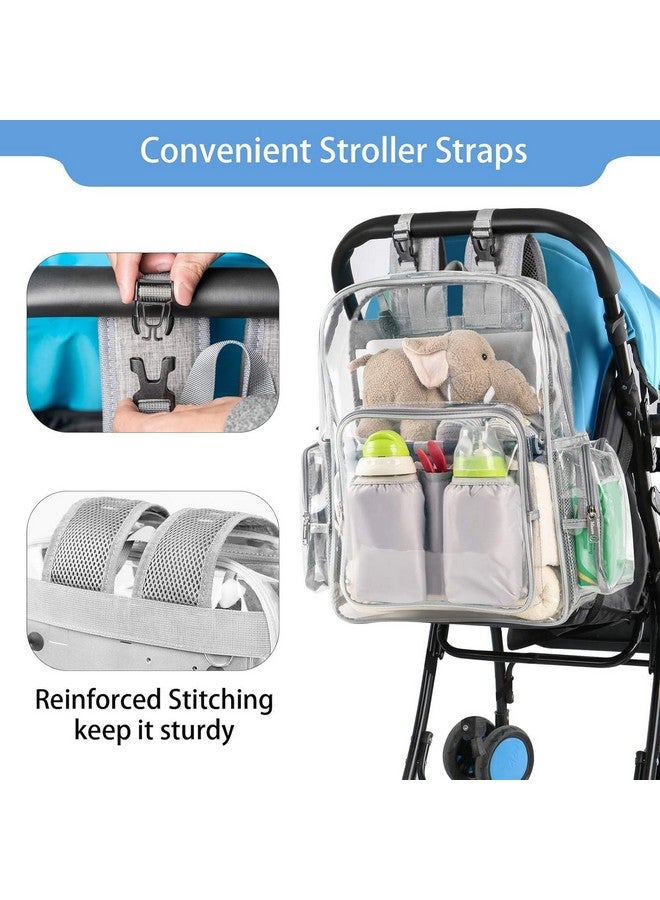 Diaper Bag Backpack Clear Baby Bag Heavy Duty Transparent Backpack For Girls Boys Multifunction Large Travel Backpack Maternity Baby Changing Bags For Mom With Stroller Straps Grey