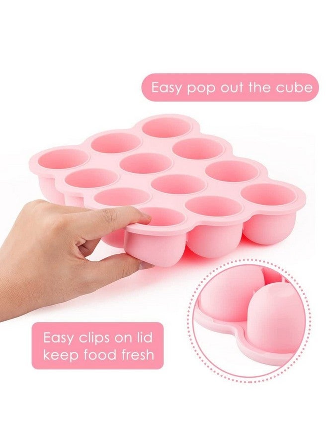 Baby Breast Milk And Food Storage Container 12 Portions X 2.5Oz Stackable Food Grade Silicone Tray With Clip On Hard Lid For Homemade Purees Vegetables & Fruits Pink