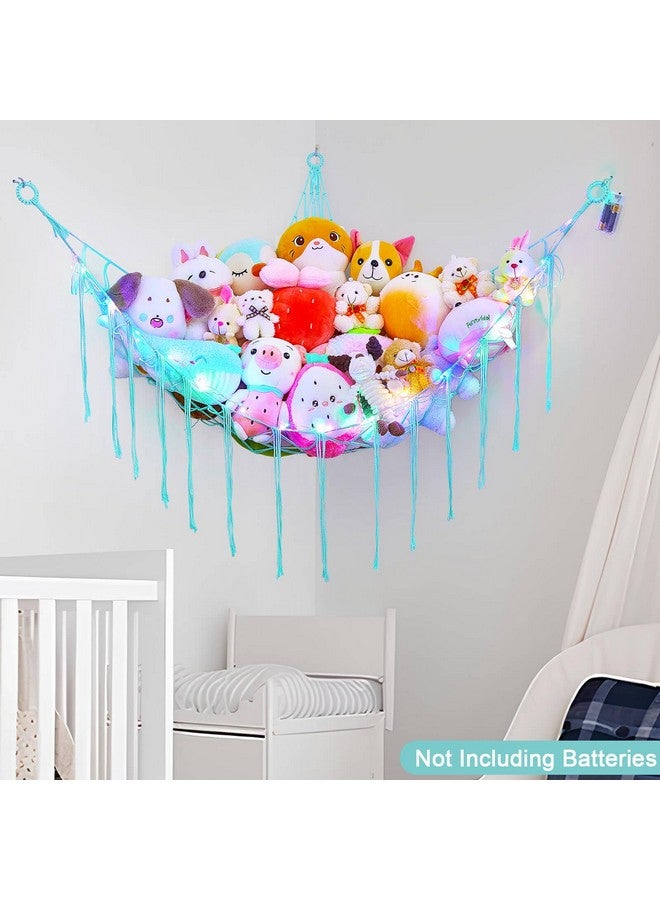 Stuffed Animals Net Or Hammock With Led Light Hanging Stuffed Animals Storage Toy Hammock Net Corner Wall Girls Room Decor Toy Storage Organizer (Light Aqua Green)