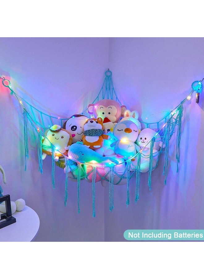 Stuffed Animals Net Or Hammock With Led Light Hanging Stuffed Animals Storage Toy Hammock Net Corner Wall Girls Room Decor Toy Storage Organizer (Light Aqua Green)