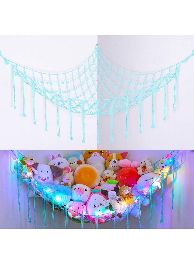 Stuffed Animals Net Or Hammock With Led Light Hanging Stuffed Animals Storage Toy Hammock Net Corner Wall Girls Room Decor Toy Storage Organizer (Light Aqua Green)