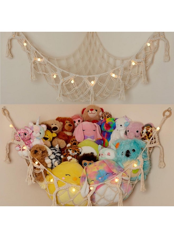 Stuffed Animal Storage Macrame Hammock W/String Lights Large Boho Room Decor Toy Storage Corner Hanging Plushie Stuffed Animal Net Organizer (White)