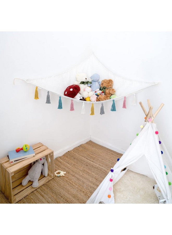 Stuffed Animal Toy Hammock Hanging Macrame Stuff Animals Organizer Storage With Colorful Tassels Boho Large Corner Plush Toys Net Holder For Nursery Play Room Bedroom Kid Room Large White