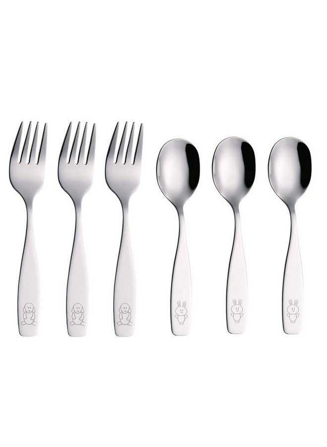 Annova Kids Silverware 6 Pieces Children'S Safe Flatware Set Stainless Steel 3 X Forks 3 X Children Dinner Spoons Toddler Utensils Metal Cutlery Set For Lunchbox (Engraved Dog Bunny)